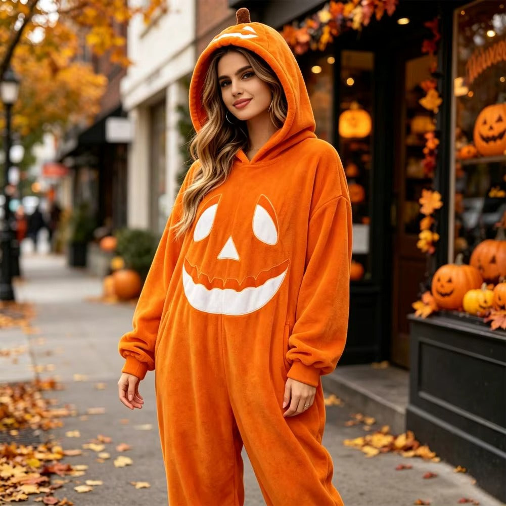 Adult Pumpkin Onesie Halloween Costume β Plush Hooded Pajamas