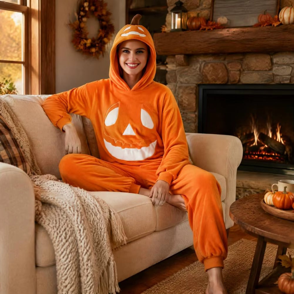 Adult Pumpkin Onesie Halloween Costume – Plush Hooded Pajamas