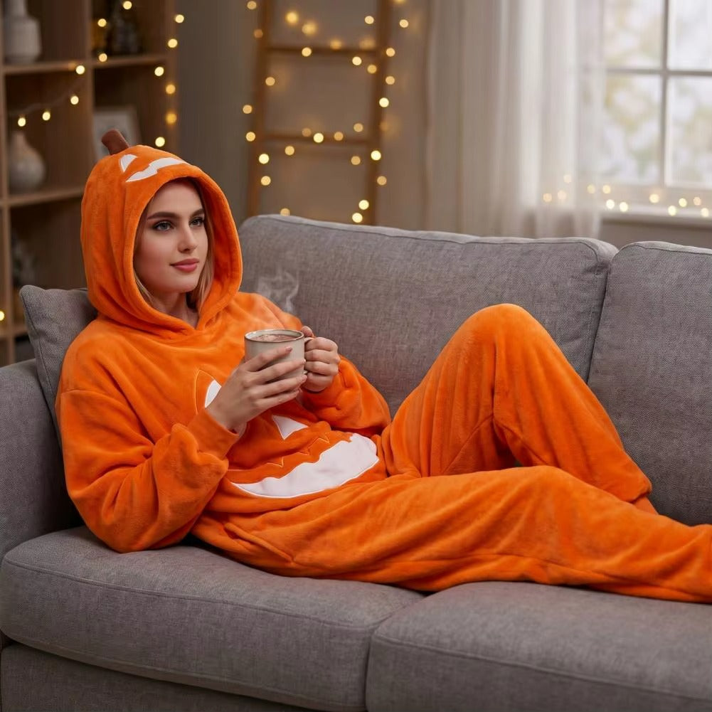 Adult Pumpkin Onesie Halloween Costume – Plush Hooded Pajamas