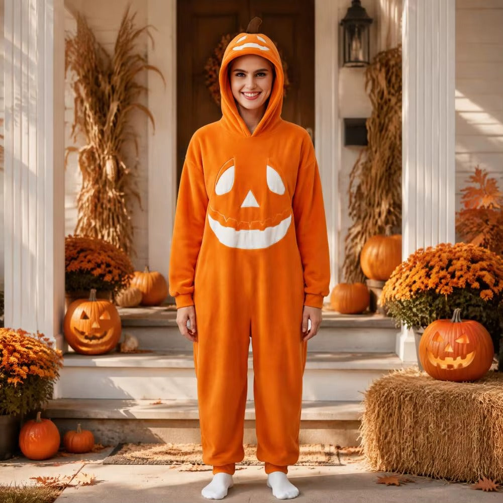 Adult Pumpkin Onesie Halloween Costume – Plush Hooded Pajamas