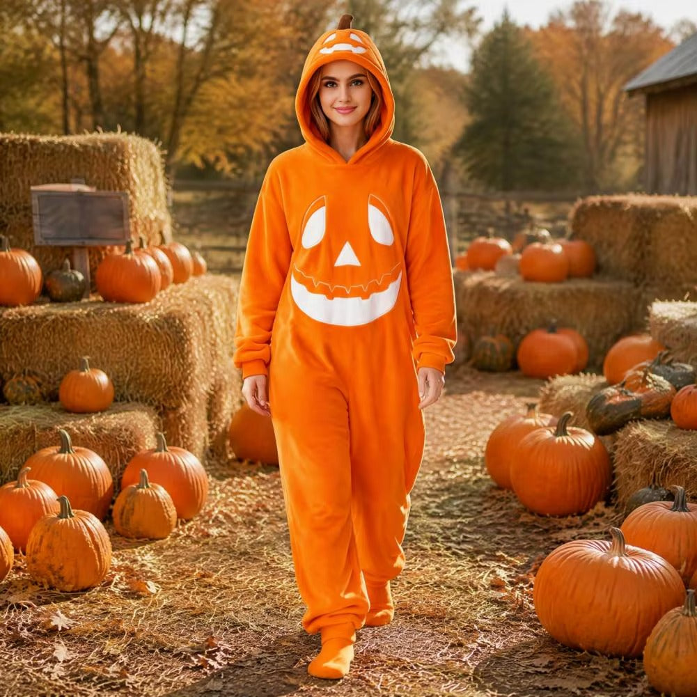 Adult Pumpkin Onesie Halloween Costume – Plush Hooded Pajamas