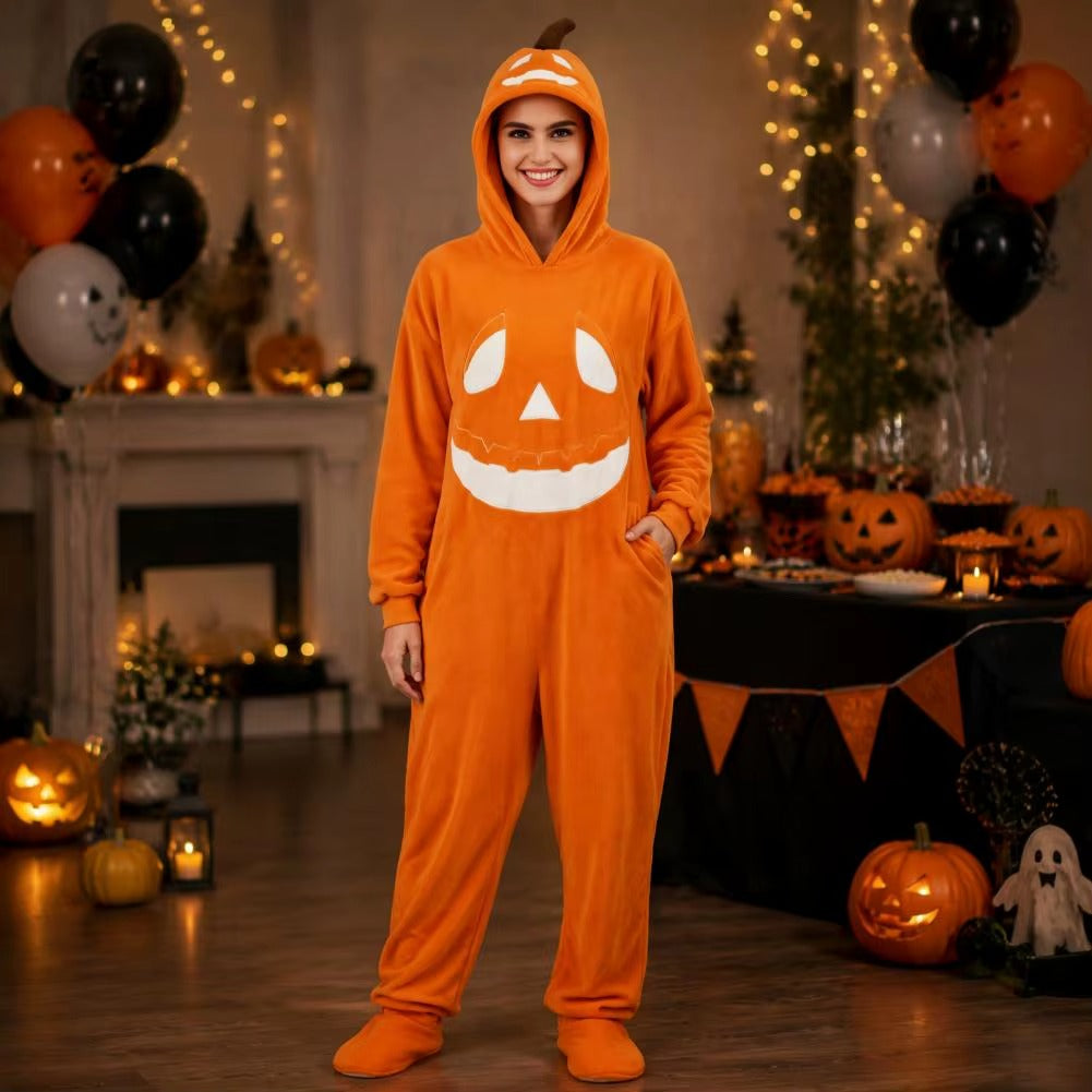 Adult Pumpkin Onesie Halloween Costume – Plush Hooded Pajamas