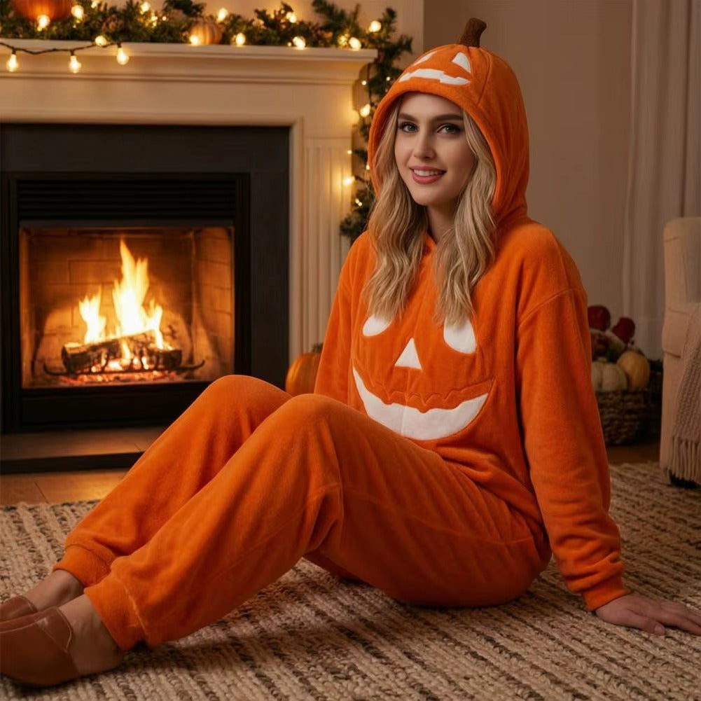Adult Pumpkin Onesie Halloween Costume – Plush Hooded Pajamas